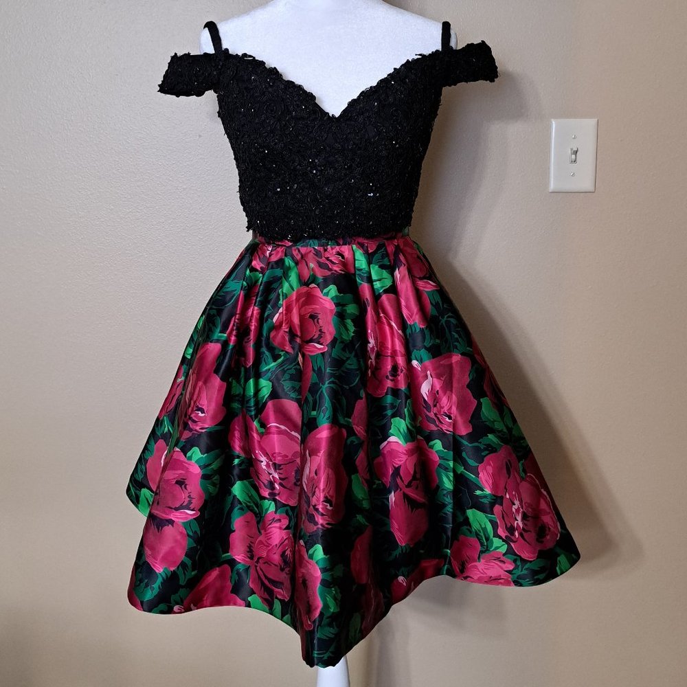 Sherri Hill 2 pc Black Sequin and Floral Dress